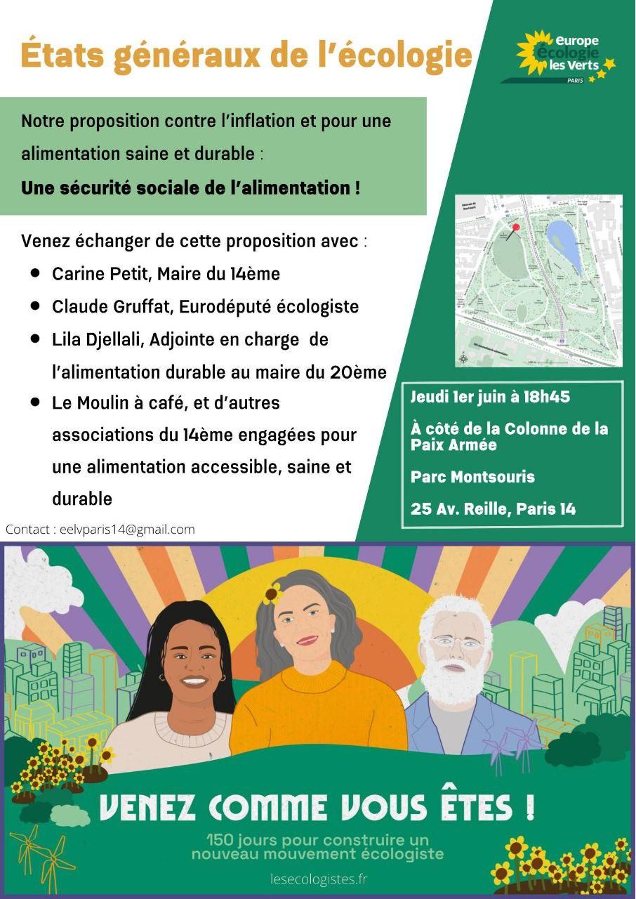 Affiche pour l'évènement organisé par le groupe local Europe Écologie Les Verts de Paris 14e, "Une sécurité sociale de l'alimentation"
