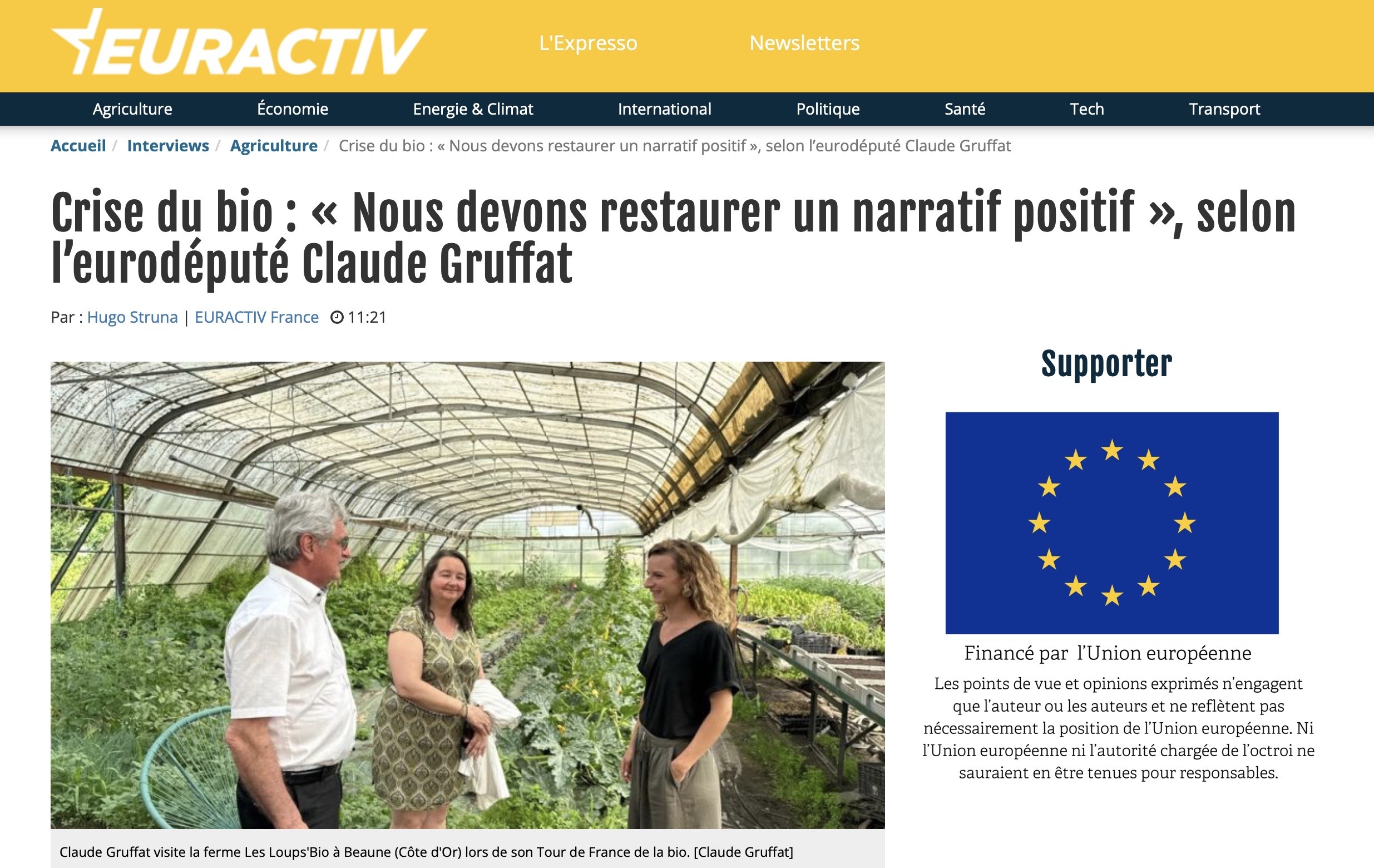 Euractiv / Crise du bio : nous devons restaurer un narratif positif, selon l'eurodéputé Claude Gruffat, Une du journal Euractiv
